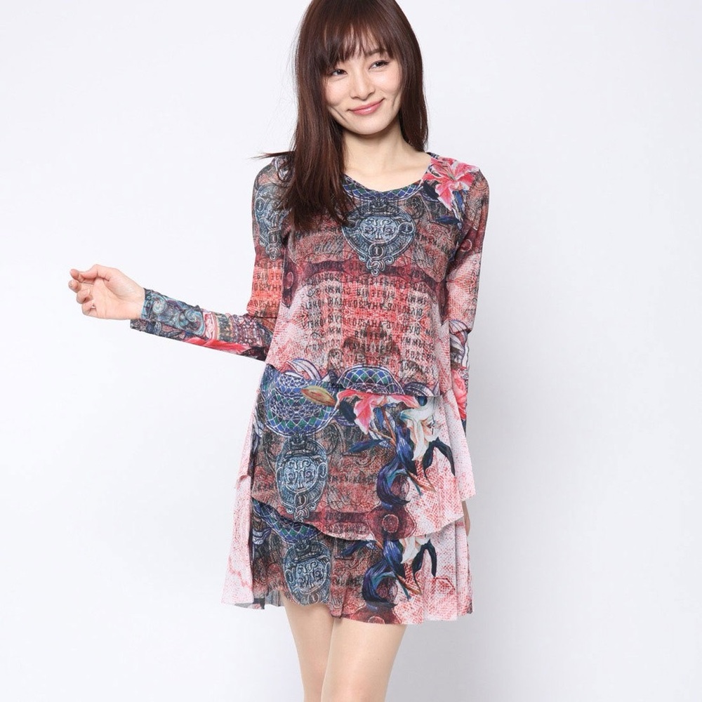 Desigual One Moment Long-Sleeve Tiered Mini Dress - Pink Floral